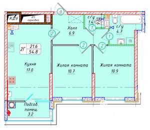 2-к квартира, вторичка, 55м2, 6/22 этаж