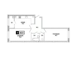 2-к квартира, вторичка, 63м2, 2/16 этаж