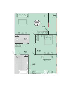2-к квартира, строящийся дом, 66м2, 2/6 этаж