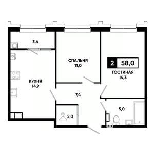 2-к квартира, вторичка, 58м2, 5/21 этаж