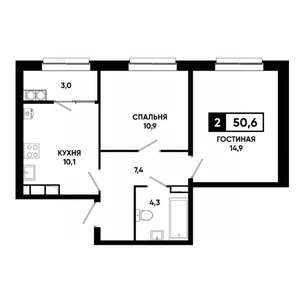 2-к квартира, вторичка, 51м2, 13/19 этаж