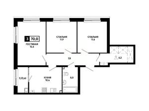 3-к квартира, вторичка, 70м2, 2/24 этаж