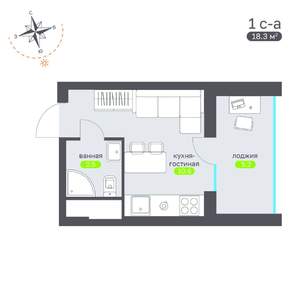 Студия квартира, вторичка, 18м2, 8/19 этаж