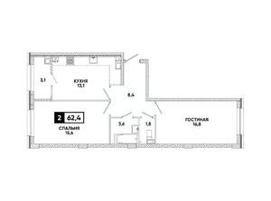 2-к квартира, вторичка, 62м2, 6/16 этаж