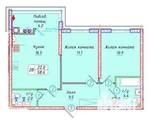 2-к квартира, вторичка, 59м2, 9/22 этаж