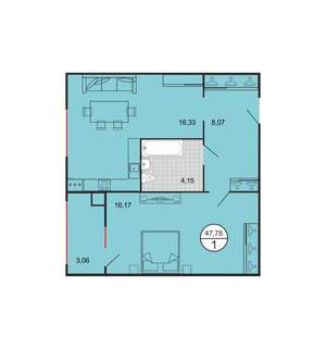 1-к квартира, строящийся дом, 48м2, 1/4 этаж