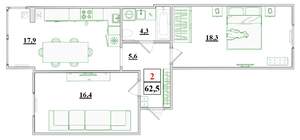 2-к квартира, строящийся дом, 63м2, 4/9 этаж