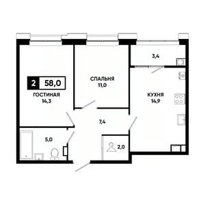 2-к квартира, вторичка, 58м2, 5/20 этаж