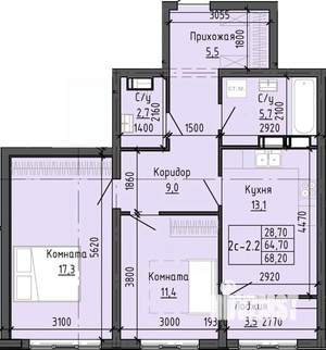 2-к квартира, вторичка, 68м2, 6/25 этаж