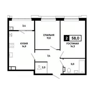 2-к квартира, вторичка, 58м2, 6/20 этаж