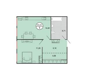1-к квартира, вторичка, 43м2, 1/6 этаж