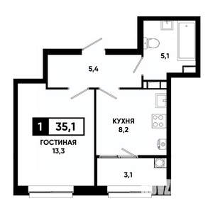 1-к квартира, вторичка, 35м2, 3/19 этаж