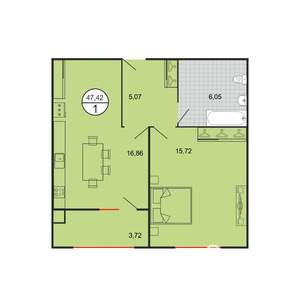 1-к квартира, строящийся дом, 47м2, 1/6 этаж