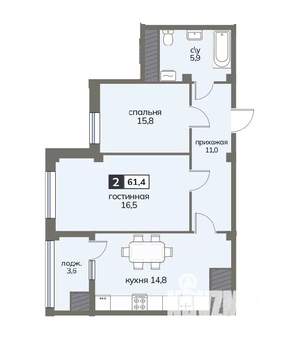 2-к квартира, строящийся дом, 61м2, 11/12 этаж
