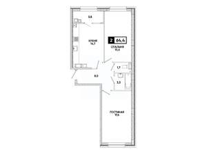 2-к квартира, вторичка, 64м2, 14/16 этаж