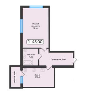 1-к квартира, строящийся дом, 45м2, 1/5 этаж