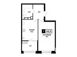 1-к квартира, вторичка, 43м2, 16/24 этаж