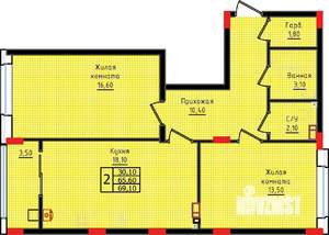 2-к квартира, вторичка, 69м2, 9/10 этаж