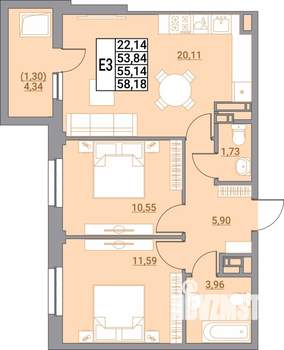 2-к квартира, вторичка, 58м2, 6/21 этаж