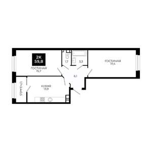 2-к квартира, вторичка, 60м2, 13/24 этаж