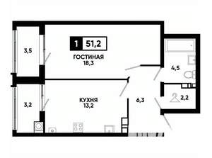 1-к квартира, вторичка, 51м2, 3/24 этаж