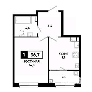 1-к квартира, строящийся дом, 37м2, 9/19 этаж