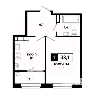 1-к квартира, вторичка, 38м2, 12/19 этаж