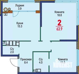 2-к квартира, строящийся дом, 64м2, 4/22 этаж
