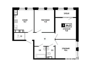 3-к квартира, вторичка, 64м2, 24/24 этаж