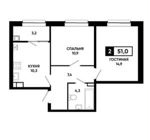 2-к квартира, строящийся дом, 51м2, 10/19 этаж