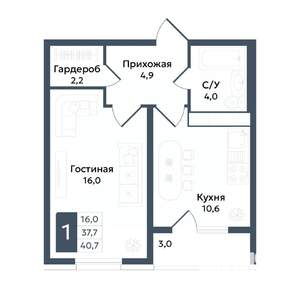 1-к квартира, вторичка, 41м2, 8/20 этаж