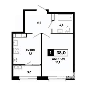 1-к квартира, строящийся дом, 38м2, 17/19 этаж