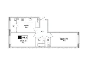 2-к квартира, вторичка, 62м2, 6/16 этаж