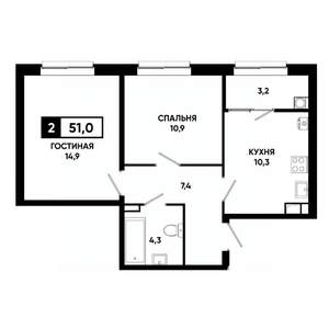 2-к квартира, строящийся дом, 51м2, 8/19 этаж