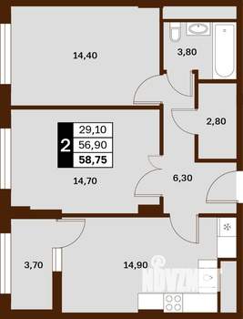 2-к квартира, строящийся дом, 59м2, 8/14 этаж