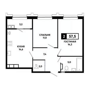 2-к квартира, строящийся дом, 58м2, 17/21 этаж