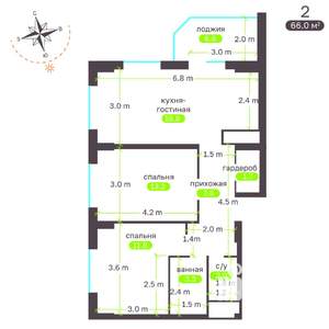 2-к квартира, вторичка, 66м2, 9/19 этаж