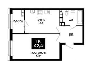 1-к квартира, вторичка, 42м2, 12/24 этаж