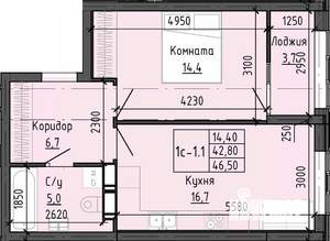 1-к квартира, строящийся дом, 46м2, 15/25 этаж