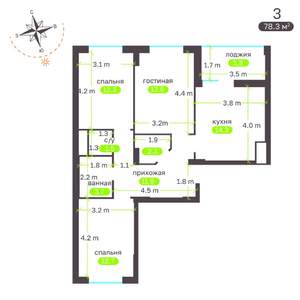 3-к квартира, вторичка, 78м2, 13/19 этаж