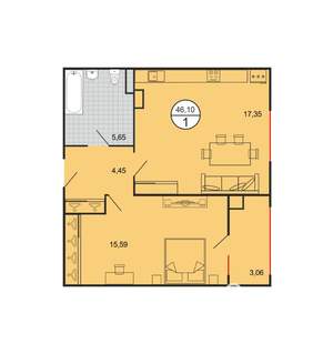 1-к квартира, строящийся дом, 46м2, 5/6 этаж