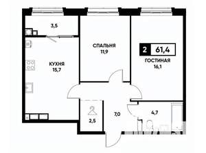 2-к квартира, вторичка, 61м2, 15/16 этаж