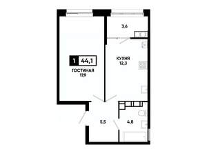 1-к квартира, вторичка, 44м2, 19/24 этаж