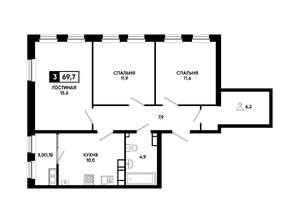 3-к квартира, вторичка, 70м2, 18/24 этаж