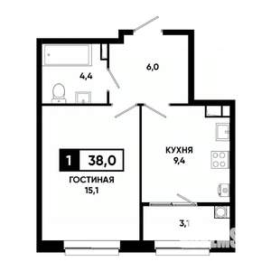 1-к квартира, строящийся дом, 38м2, 10/19 этаж