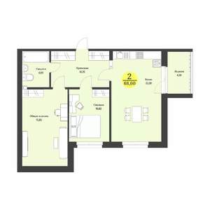 2-к квартира, строящийся дом, 69м2, 7/12 этаж