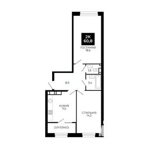 2-к квартира, вторичка, 61м2, 22/24 этаж