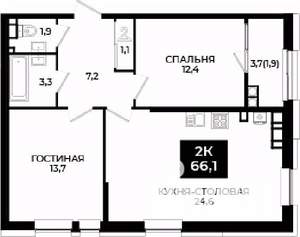 1-к квартира, вторичка, 66м2, 23/24 этаж
