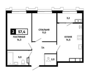 2-к квартира, строящийся дом, 57м2, 21/21 этаж