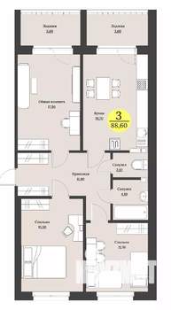 3-к квартира, строящийся дом, 89м2, 2/12 этаж